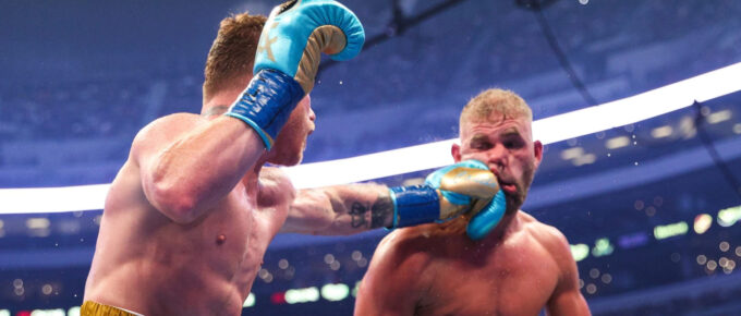Canelo stops Billy Joe Saunders to win super-middleweight fight as Brit suffers ‘busted eye socket’